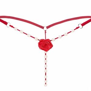 Sexy Flower Red Thong Faux Pearl Women's Sexy Lingerie & Underwear One Size xs-s